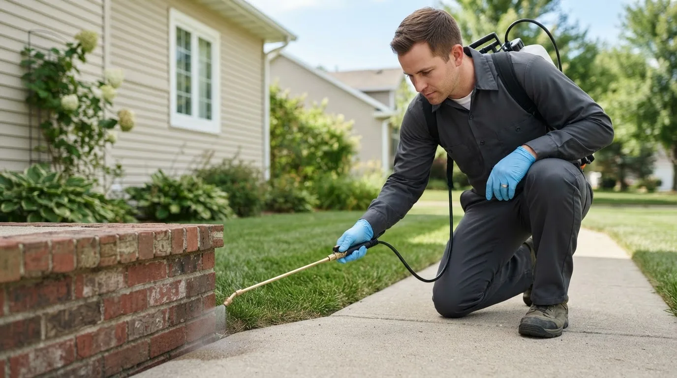 Pest control technician treating a home near Baldwin City, KS