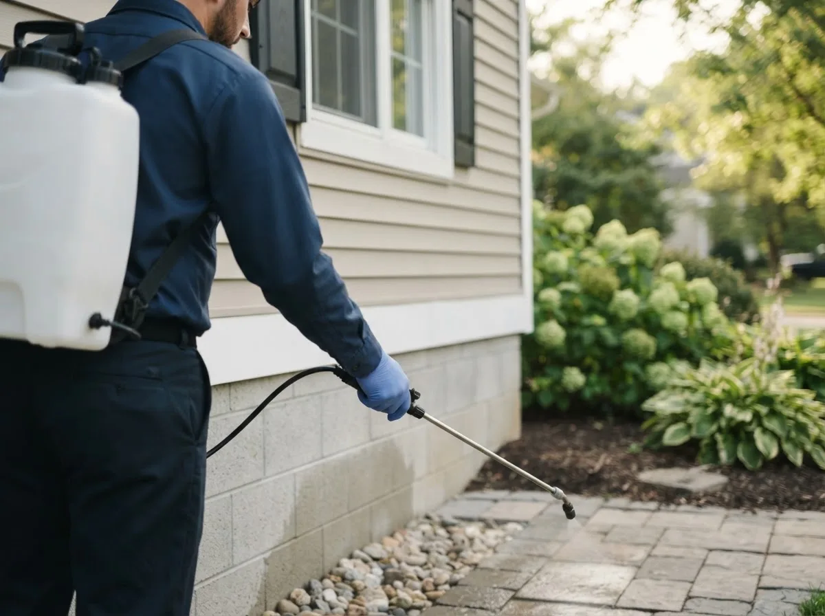 Pest control technician inspecting a home in Baldwin City, KS